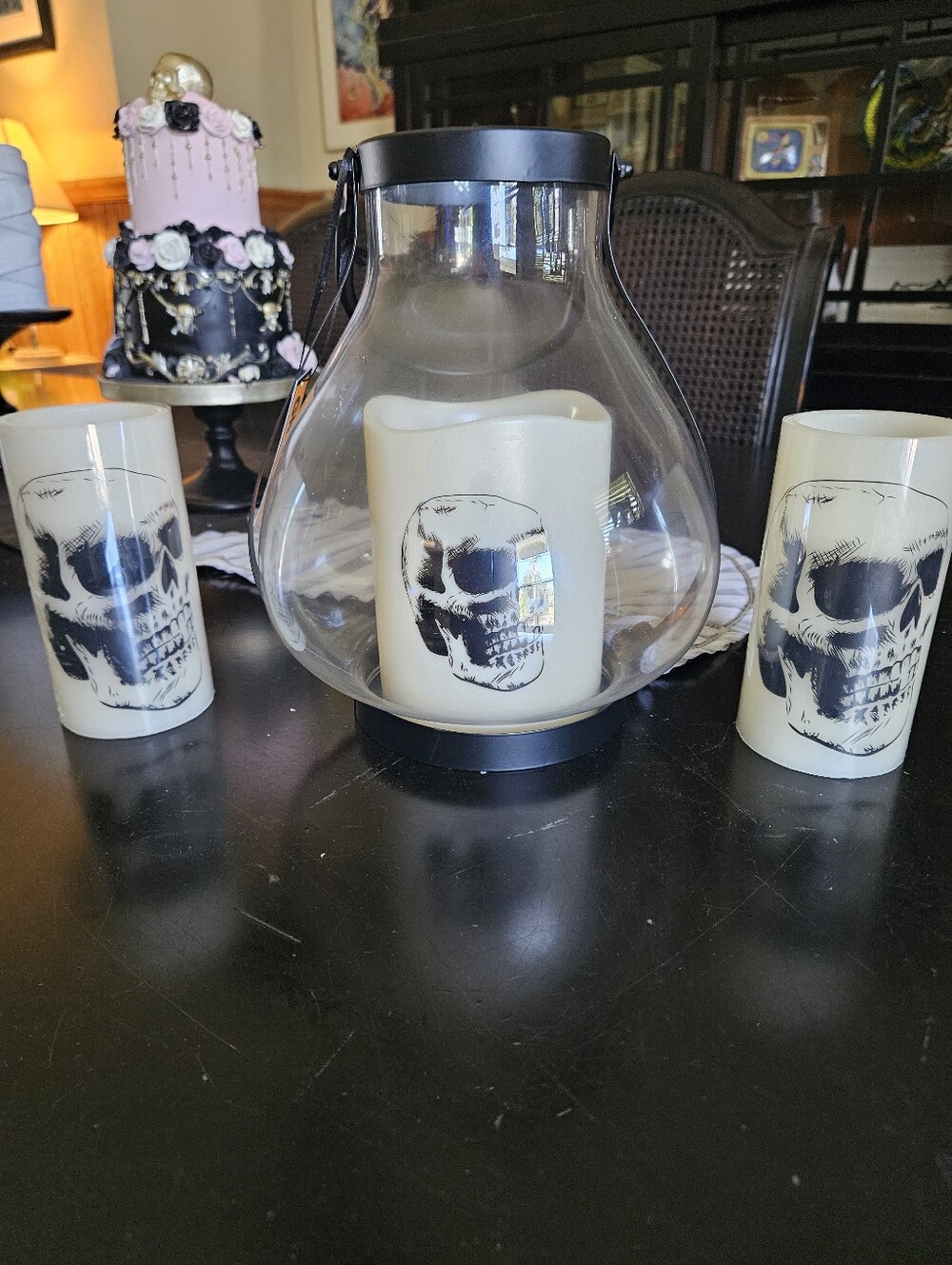 Everlasting Glow Halloween Glass Lantern & Skull Flameless Candle 3-Piece Set
